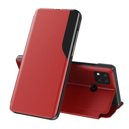 Red leather flip phone case with stand; covers front and back of smartphone