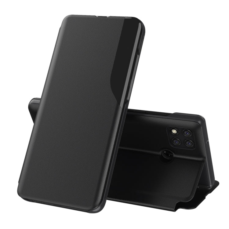Black leather flip phone case with stand; covers front and back of smartphone