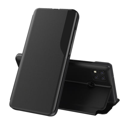 Black leather flip phone case with stand; covers front and back of smartphone