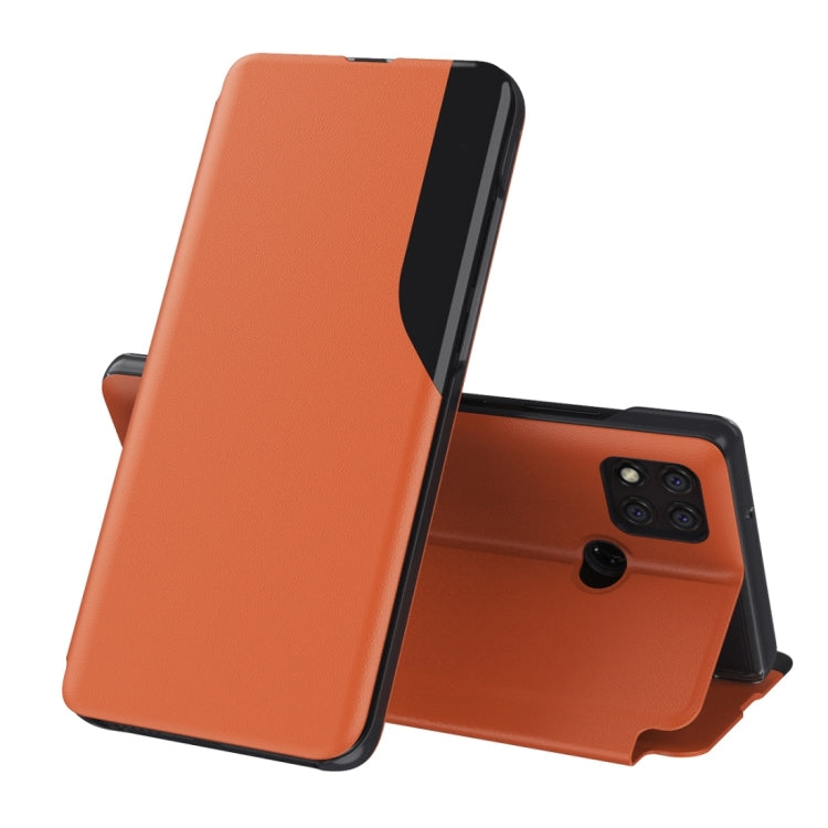 Orange leather flip phone case with stand; covers front and back of smartphone