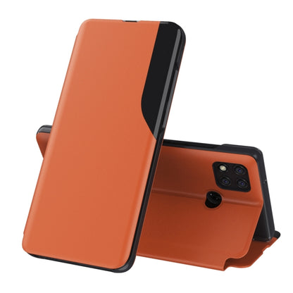 Orange leather flip phone case with stand; covers front and back of smartphone