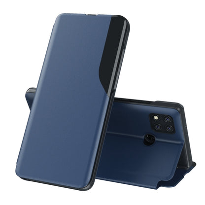 Dark blue leather flip phone case with stand; covers front and back of smartphone