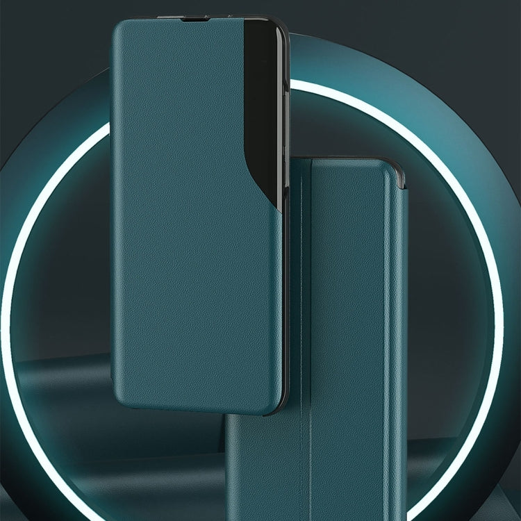Teal leather flip phone case with magnetic closure, side view.
