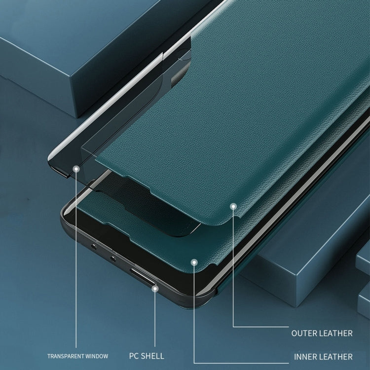 Teal flip holder leather phone case showing layers through transparent window