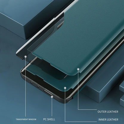 Teal flip holder leather phone case showing layers through transparent window