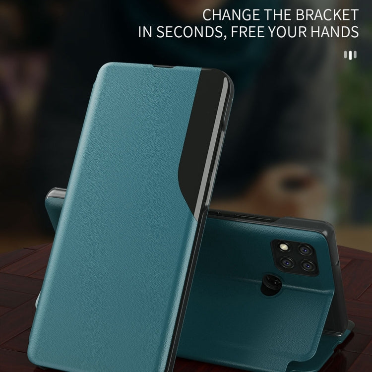 Teal leather flip phone case with magnetic closure and adjustable stand for hands-free use.