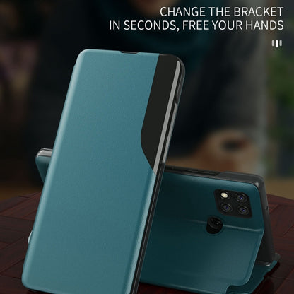 Teal leather flip phone case with magnetic closure and adjustable stand for hands-free use.