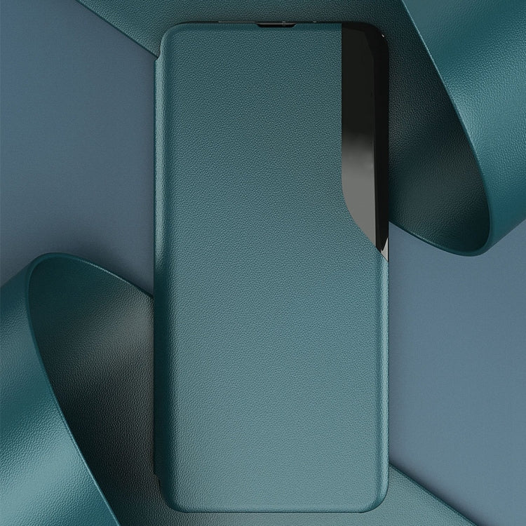 Teal leather flip phone case with smooth front cover and side cutouts.
