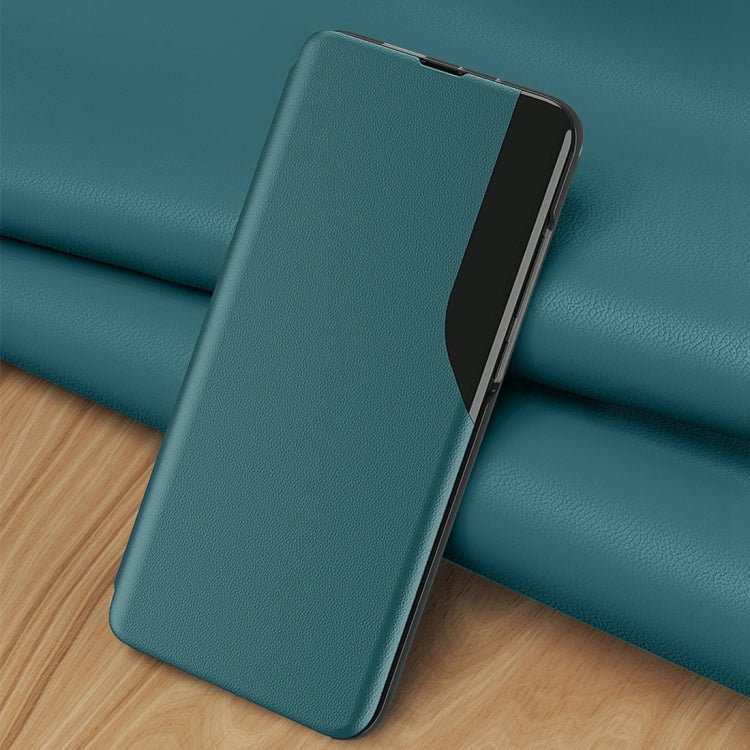Teal flip holder leather phone case with black edge trim