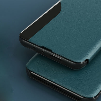 Teal flip holder leather phone case with open cover and side cutouts