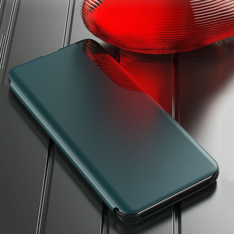 Teal flip holder leather phone case, angled closed design