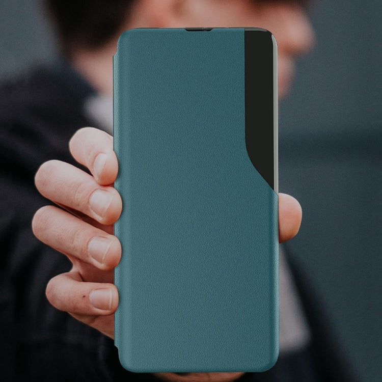 Teal flip holder leather phone case held in hand, textured finish
