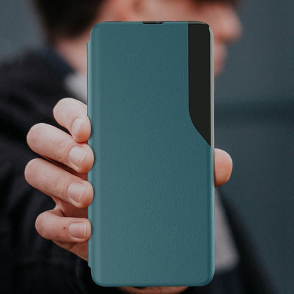 Teal flip holder leather phone case held in hand, textured finish
