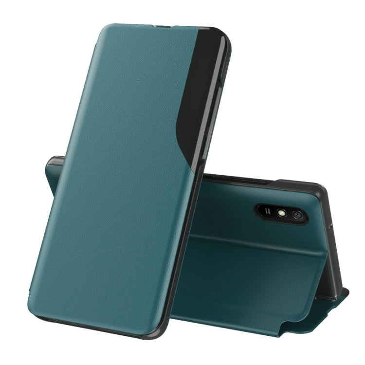 Teal leather flip phone case with stand; front cover flipped open