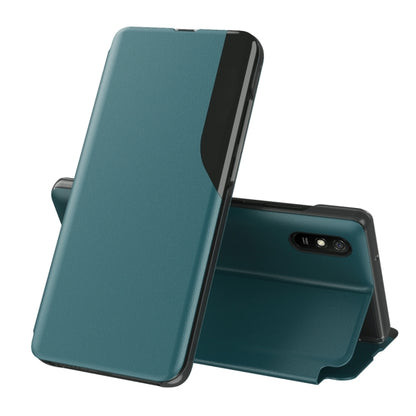 Teal leather flip phone case with stand; front cover flipped open
