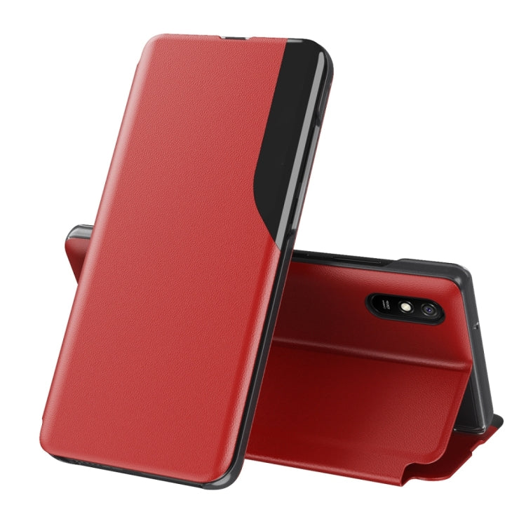 Red leather flip phone case with stand; front cover flipped open