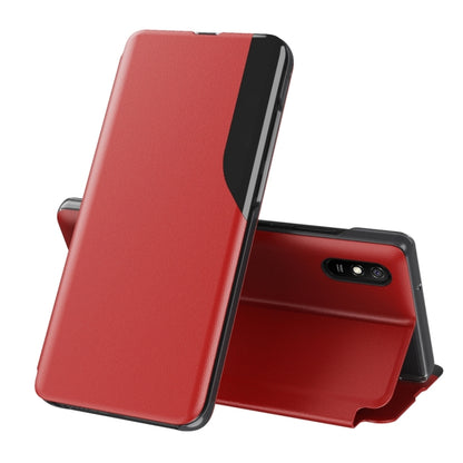 Red leather flip phone case with stand; front cover flipped open