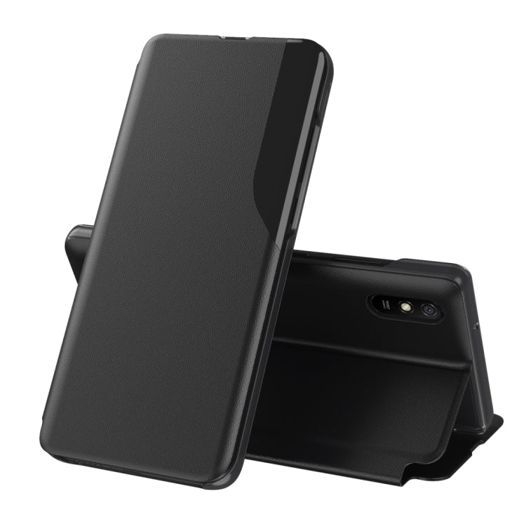 Black leather flip phone case with stand; front cover flipped open