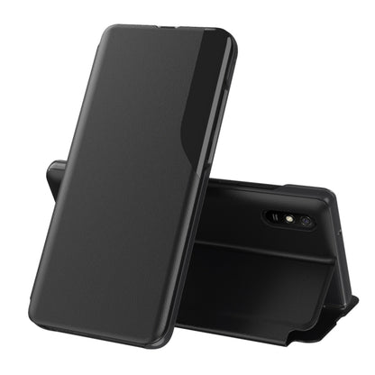 Black leather flip phone case with stand; front cover flipped open