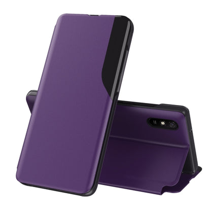 Purple leather flip phone case with holder stand, front cover open, camera cutout.