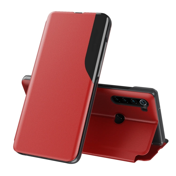 Red leather flip phone case with holder stand, front cover open, camera cutout.