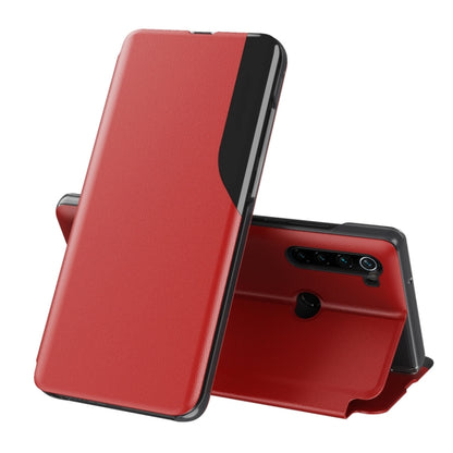 Red leather flip phone case with holder stand, front cover open, camera cutout.