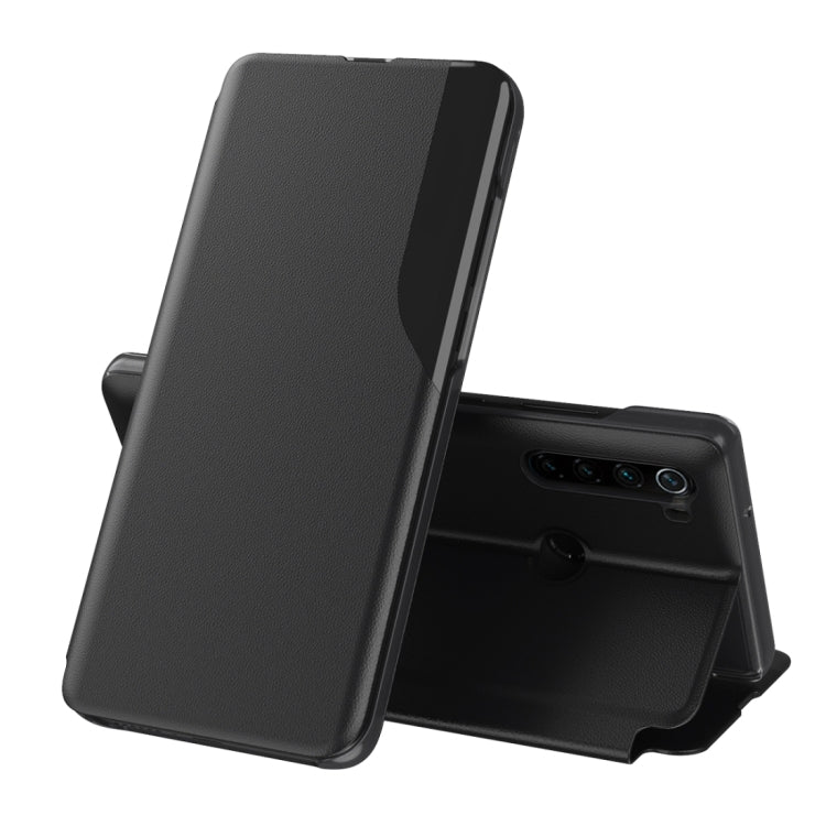 Black leather flip phone case with holder stand, front cover open, camera cutout.