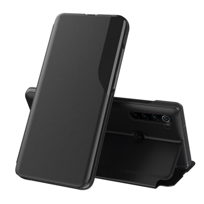 Black leather flip phone case with holder stand, front cover open, camera cutout.