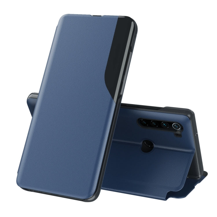 Dark blue leather flip phone case with holder stand, cover open showing back camera cutouts.