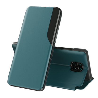 Teal leather flip phone case with holder stand, cover open showing back camera cutouts.