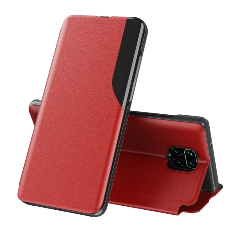 Red leather flip phone case with foldable stand and magnetic closure.
