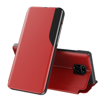Red leather flip phone case with foldable stand and magnetic closure.