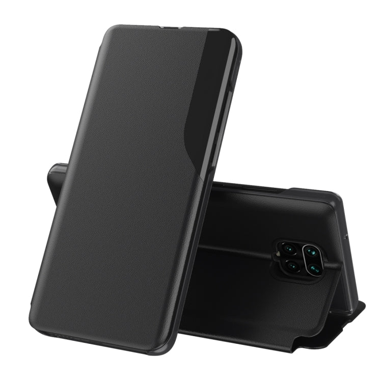 Black leather flip phone case with foldable stand and magnetic closure.