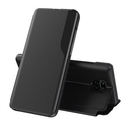Black leather flip phone case with foldable stand and magnetic closure.