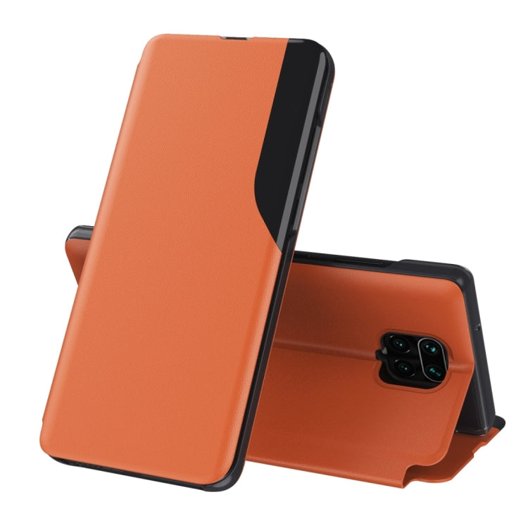 Orange leather flip phone case with foldable stand and magnetic closure.