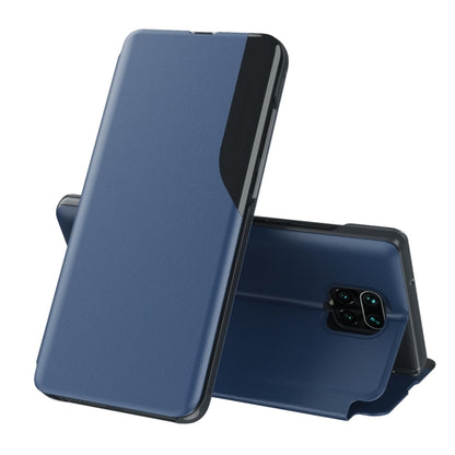 Dark blue leather flip phone case with foldable stand and magnetic closure.