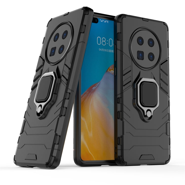 Black shockproof phone case with magnetic ring holder and raised camera protection