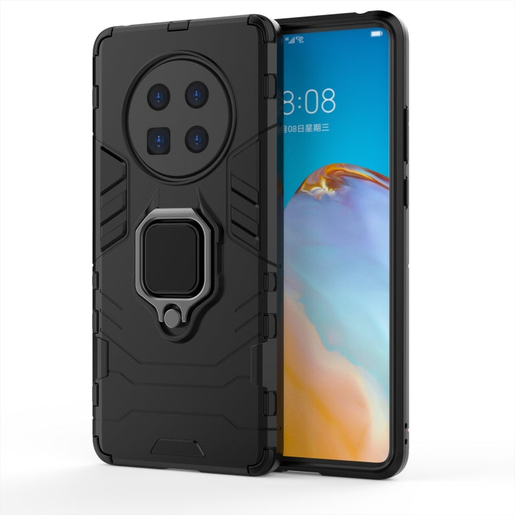 Black rugged phone case with magnetic ring holder for secure grip and corner protection