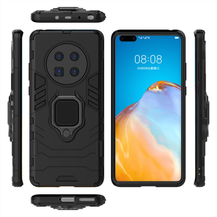 Black shockproof phone case with magnetic ring holder, shown front and back views