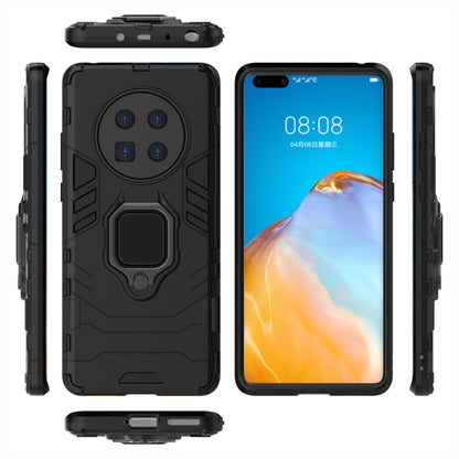 Black shockproof phone case with magnetic ring holder, shown front and back views