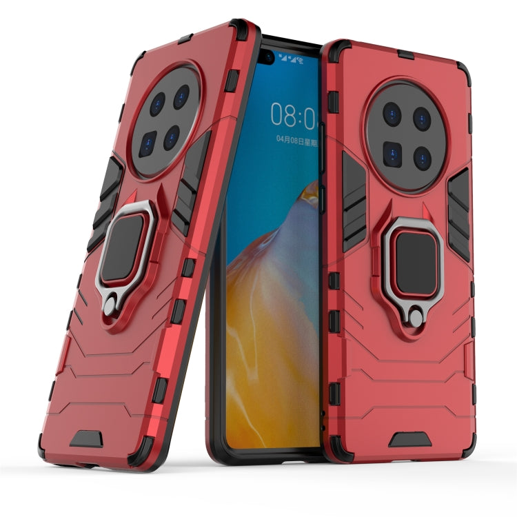 Red shockproof phone case with magnetic ring holder and raised camera guards