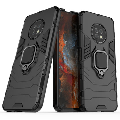 Dark shockproof phone case with magnetic ring holder and raised camera protection