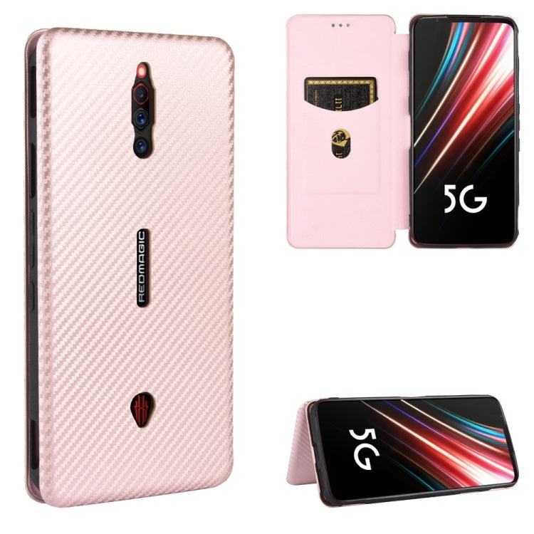 Pink folio phone case with carbon-fiber texture, magnetic flip, and card slot window