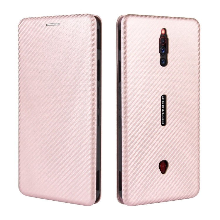 Pink carbon-fiber textured flip phone case, shown closed and open