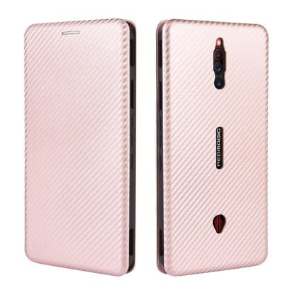 Pink carbon-fiber textured flip phone case, shown closed and open