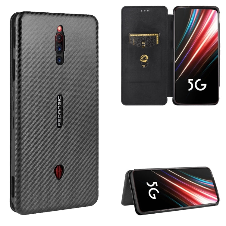 Black carbon-fiber textured flip phone case with card slot and magnetic closure