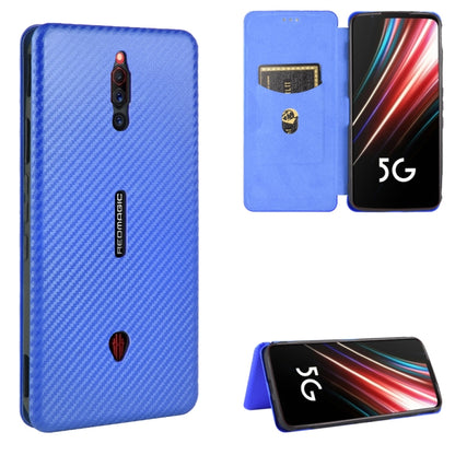 Magnetic flip phone case with carbon fiber texture, card slot, in blue
