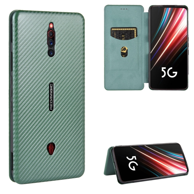 Magnetic flip phone case with carbon fiber texture, card slot, in green