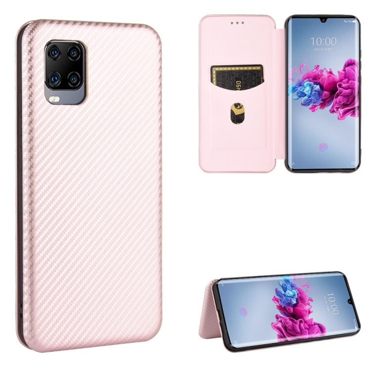 Magnetic flip phone case with carbon fiber texture, card slot, in rose pink