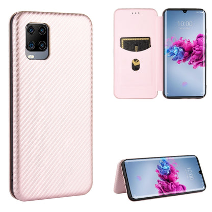 Magnetic flip phone case with carbon fiber texture, card slot, in rose pink